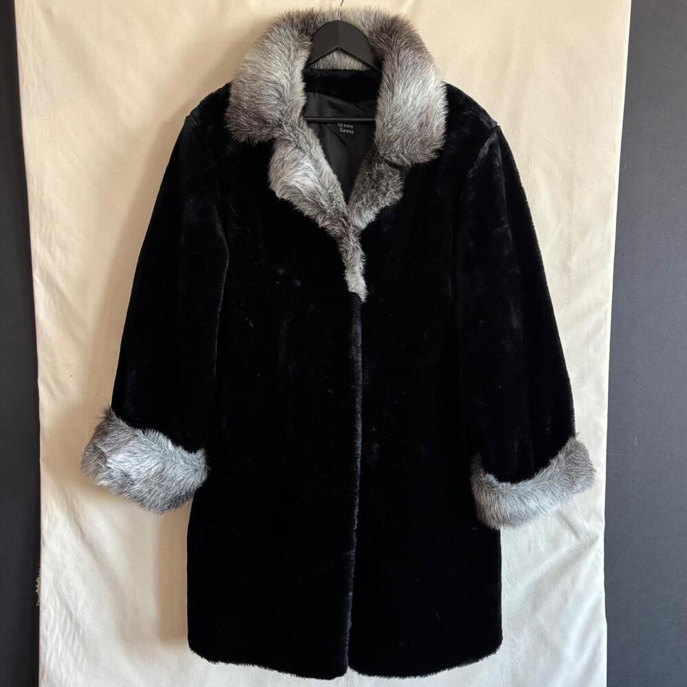 VTG Dennis Basso Oversized Black Faux Fur Coat Silver Gray Mob Wife - Size 1X